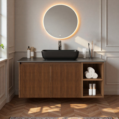 36-inch Wall-mounted Bathroom Vanity – Black Fluted Cabinet, Marble Stone Top & Rectangular Vessel Sink