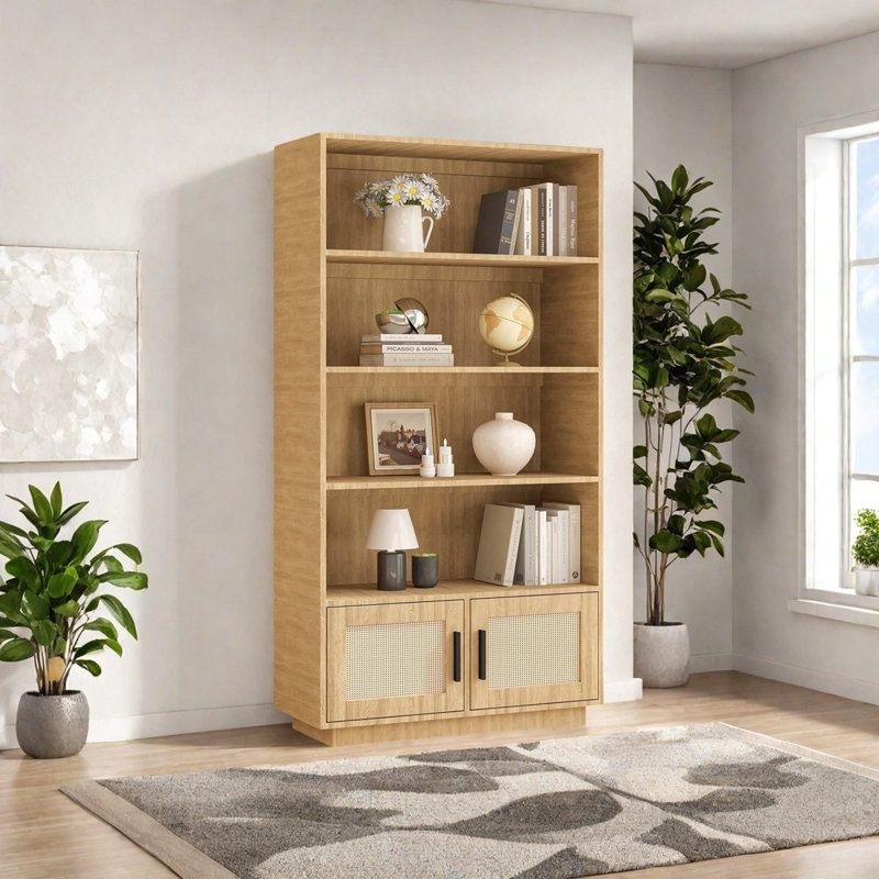 5 Tier Bookshelf, Boho Bookcase With Rattan Doors, Wooden Bookcase And Bookshelf With Storage, Wood