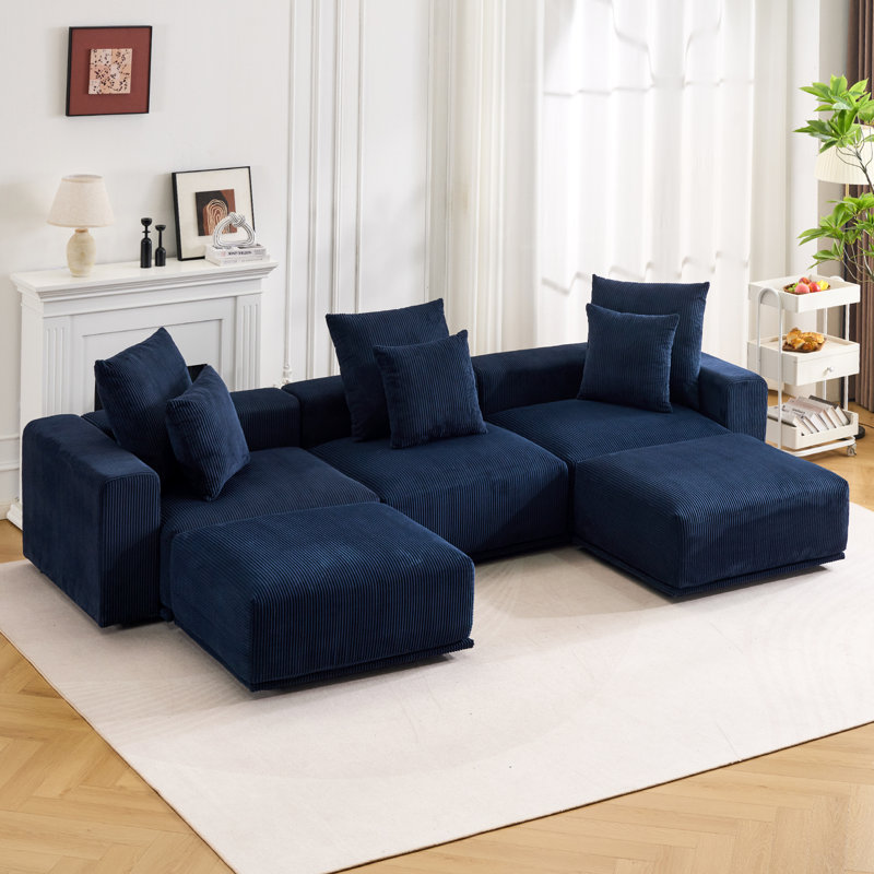 Modular Sofa Sectional With 2 Removable Ottoman, 24.21" H x 132.68" W x 71.25" D, Blue Corduroy, U-Shaped