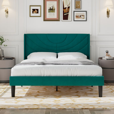 Queen Size Velvet Bed Frame with Wingback Headboard, Upholstered Platform Bed with Wing Side Channel Tufted Headboard, Solid Wooden Slats Support, No Box Spring Needed, Noise Free, Dark Green