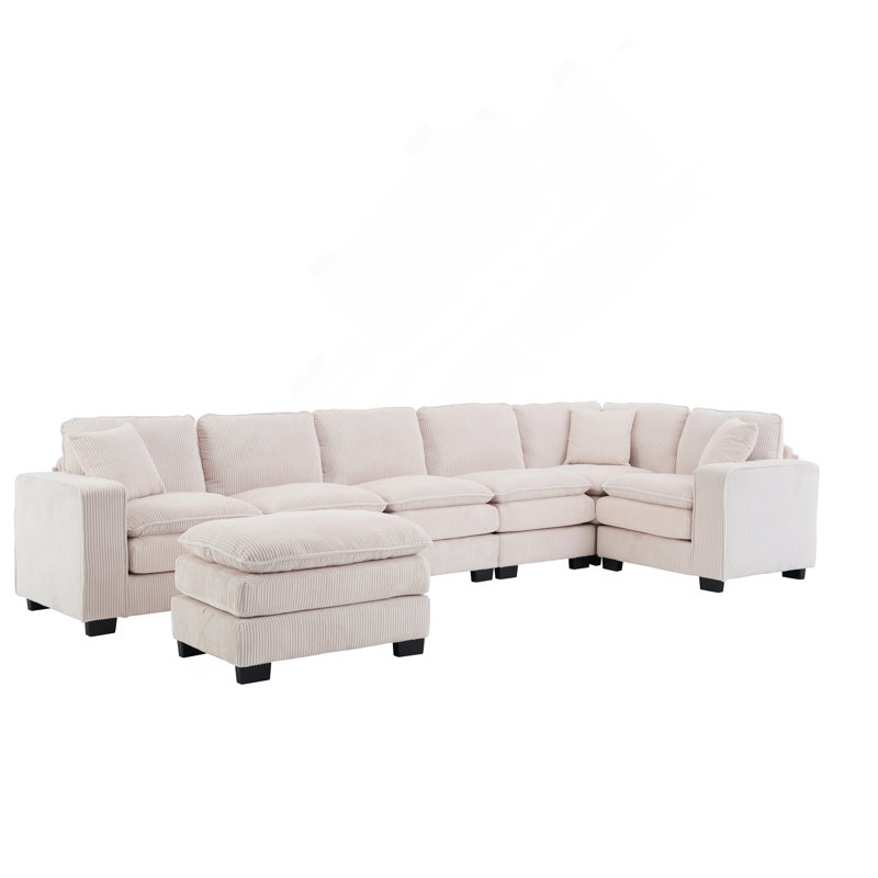 Modern U Shaped 6-Seat Sectional Sofa Couch With One Ottoman And Three Toss Pillows ,Modular Sofa For Living Room,Corduroy Sofa