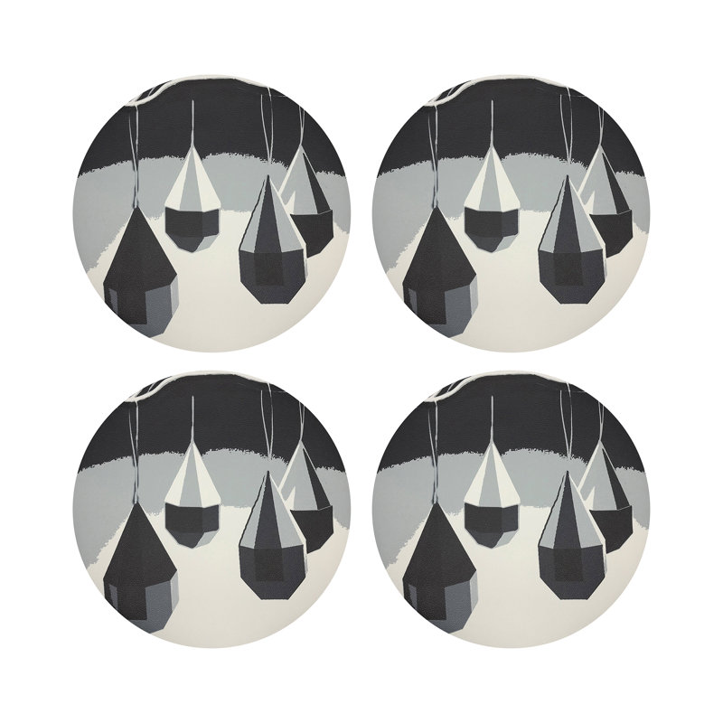 Ornaments Coral Teal Vegan Leather Round Coasters, Black And White