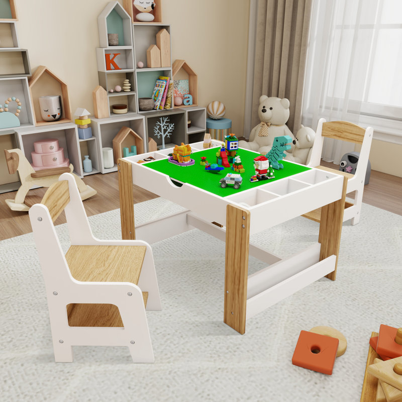 Wooden Kids Play Table And 2 Chairs Set With 7 Storage Compartments
