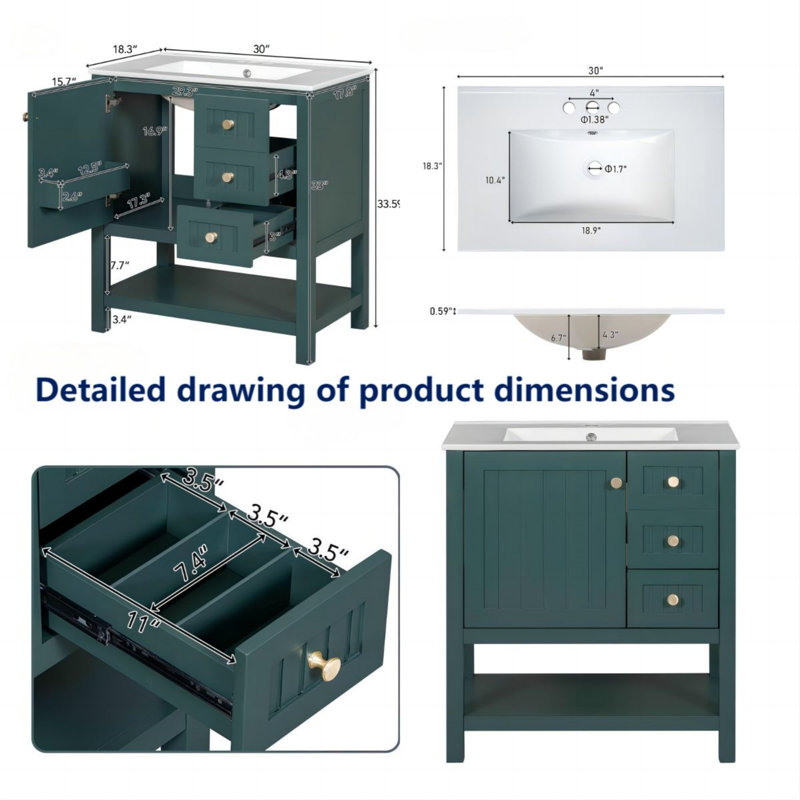 30" Bathroom Vanity Cabinet Combo with Ceramic Sink, Two Drawers and a Cabinet Door, Green
