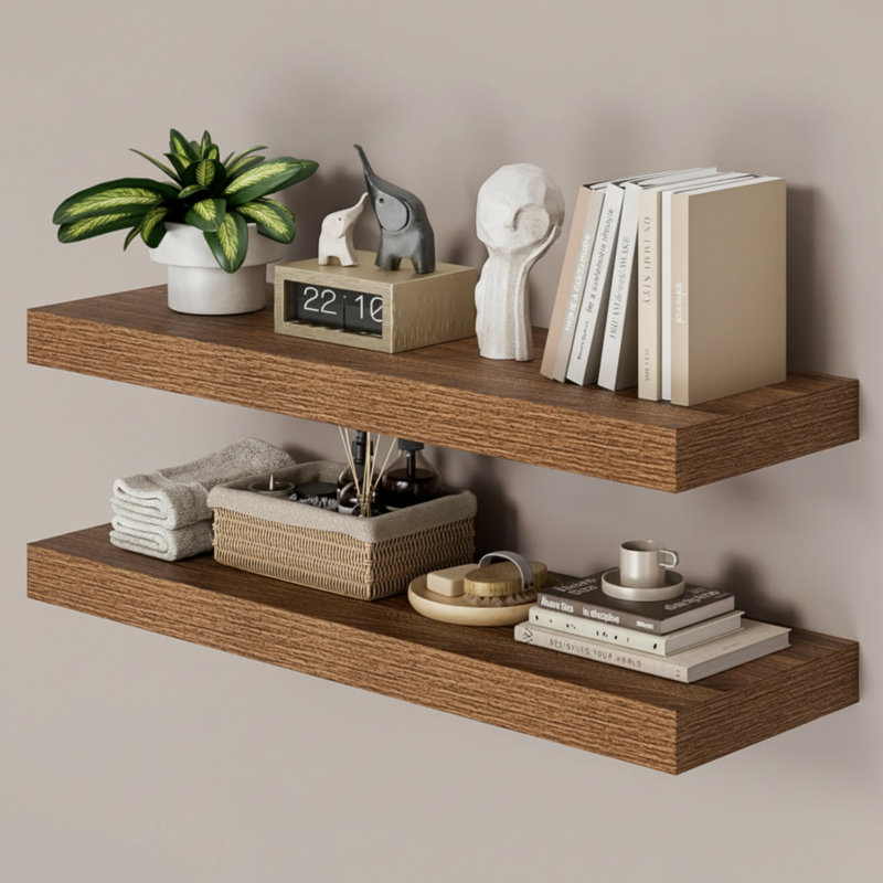 Walnut Wood Wall-Mounted Shelves (Two-Piece Set), Suitable For Bedrooms/Living Rooms, Serving As Both Book Storage And Decoration.