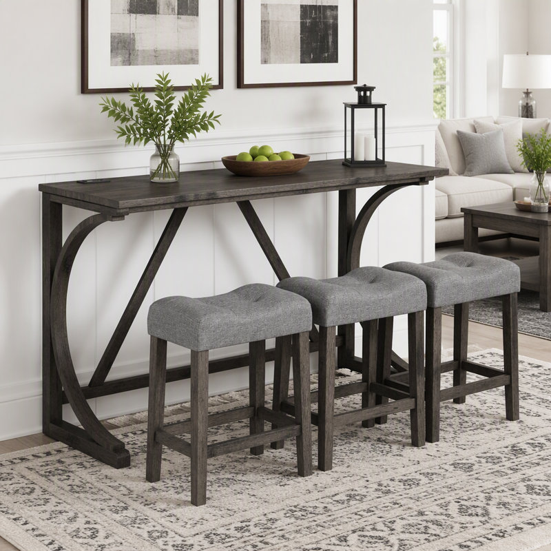 Ensemble de table de bar 4 pièces avec prise électrique et tabourets rembourrés, Gris foncé