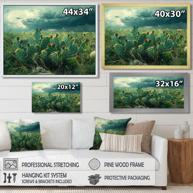 Décoration murale cactus et la tempête du désert - cactus, H 28 po x l 60 po, Cadre flottant, Blanc