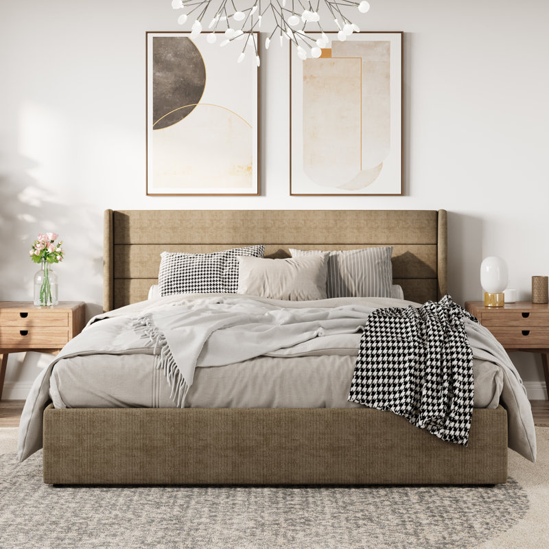 Braya Hydraulic Lift Up Storage Upholstered Platform Bed, King, Brown Chenille