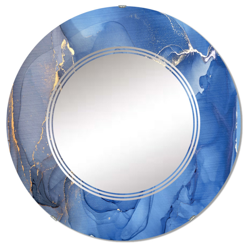 Encre bleue et grise - miroir mural moderne rond, 32 po x 32 po