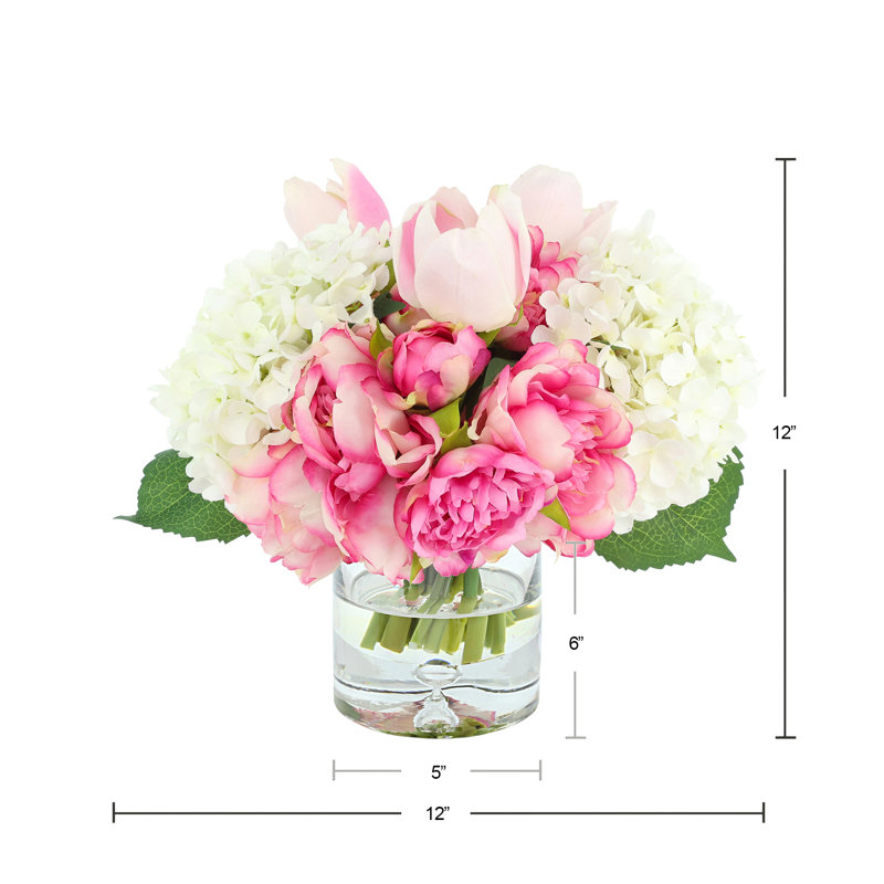 Peonies, Tulips and Hydrangeas in Glass Vase