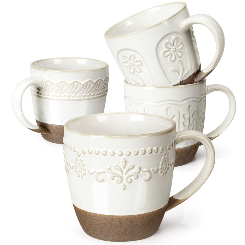  16 oz Embossed Ceramic Coffee Mugs, Set of 4, Microwave & Dishwasher Safe White Latte Cups for Tea & Cocoa (Multiple Patterns)