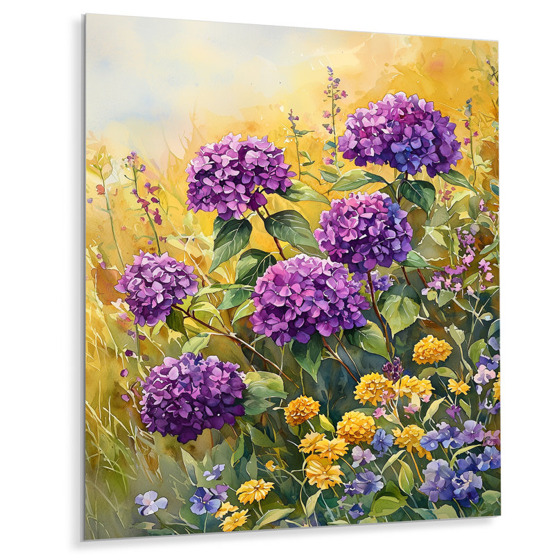 Hortensias dans un champ ensoleillé III - hydrangées, impression murale en métal, H 32 po x l 16 po