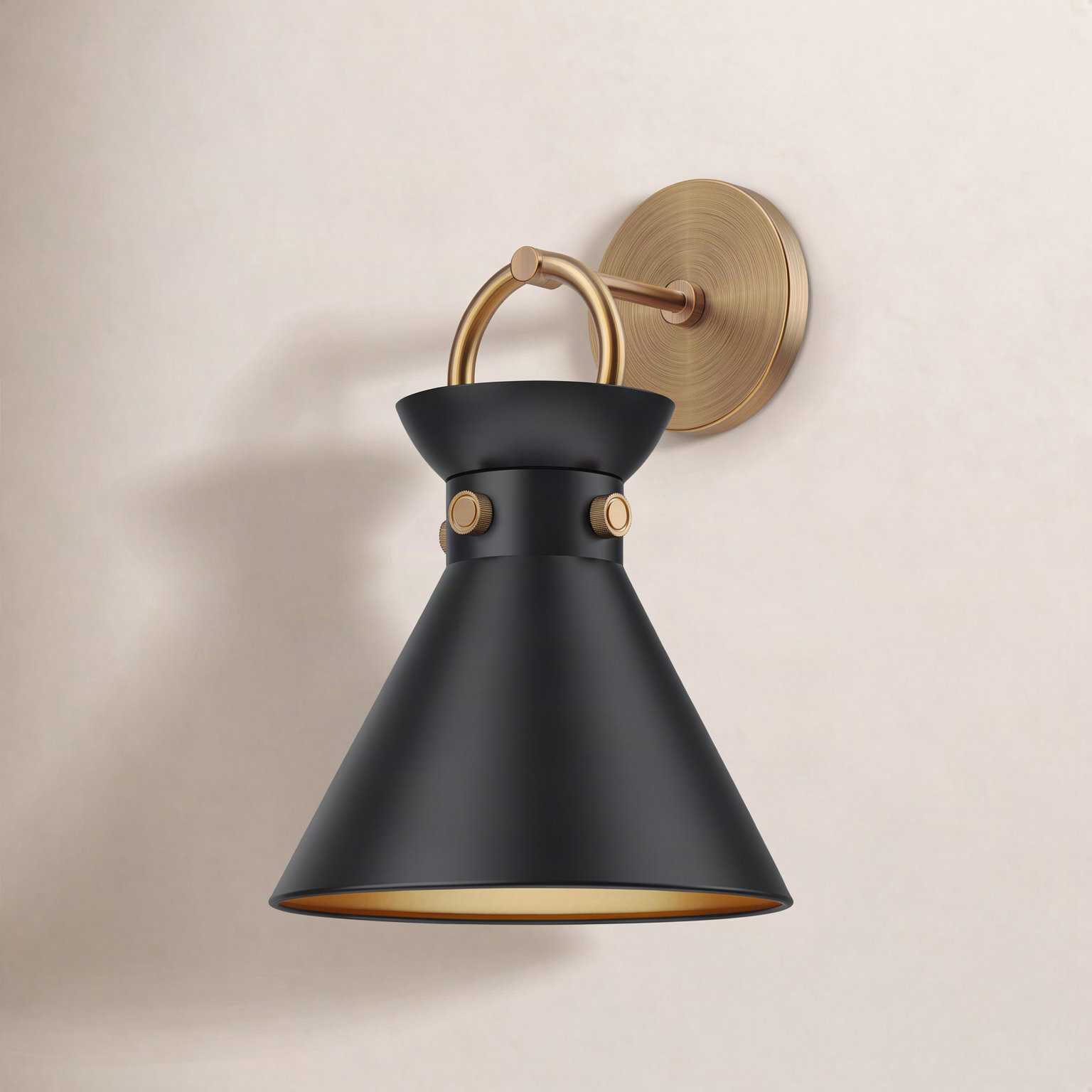 Tiney Single Light Dimmable Armed Sconce, Matte Black, Aged Gold