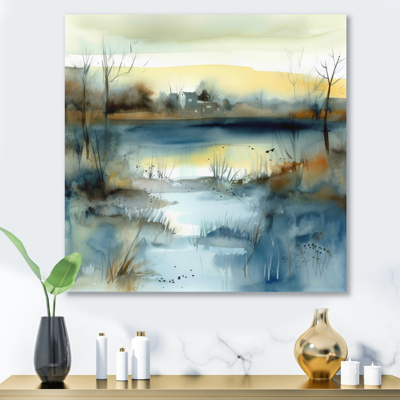 Summer Lake Landscape Illustration I - Impression de paysages sur métal, H 16 po x l 16 po x P 1 po