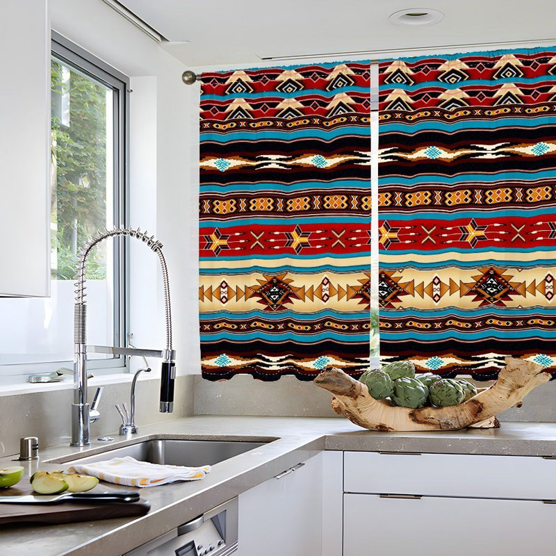 2 pièces de rideaux à motif géométrique tribal style sud-ouest, tissu de style ethnique, rideaux filtrant la lumière et protection de la vie privée, passe-tringle, pour le salon, la chambre à coucher, le balcon, la décoration intérieure