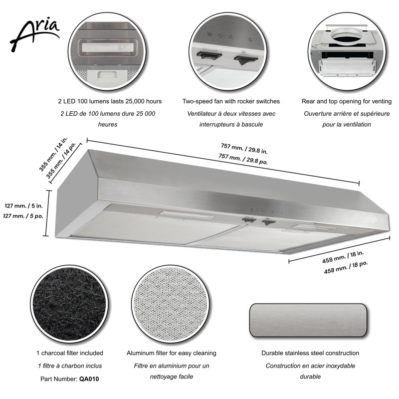 ARIA 30 po Hotte sous armoire 270 flux d'air maximum CFM, 2 vitesses, DEL, évent convertible, Acier Inoxydable