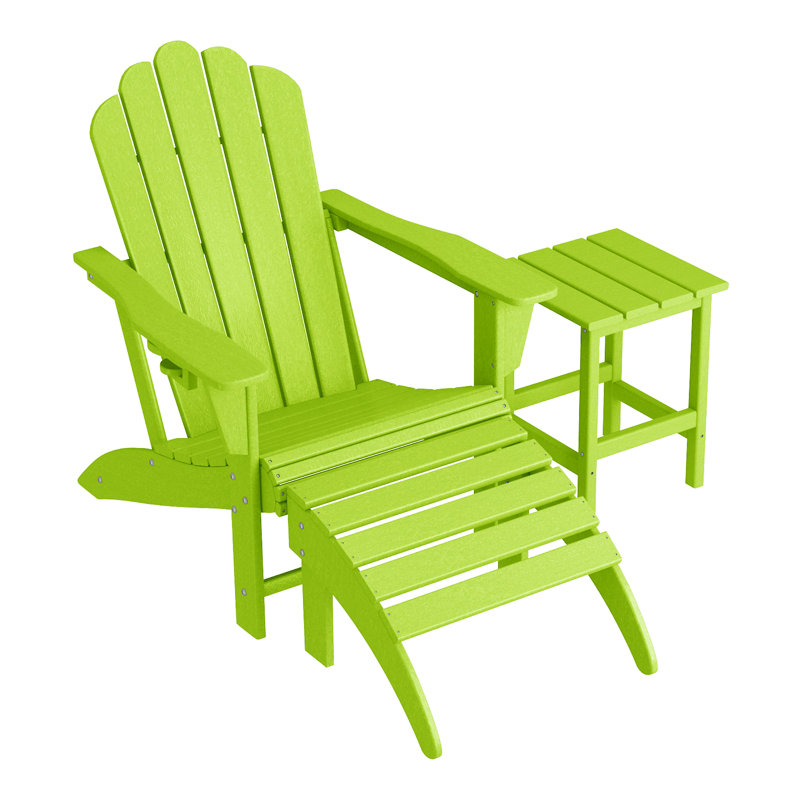 Outdoor Poly Adirondack Chair With Side Table And Ottoman, Lime Green