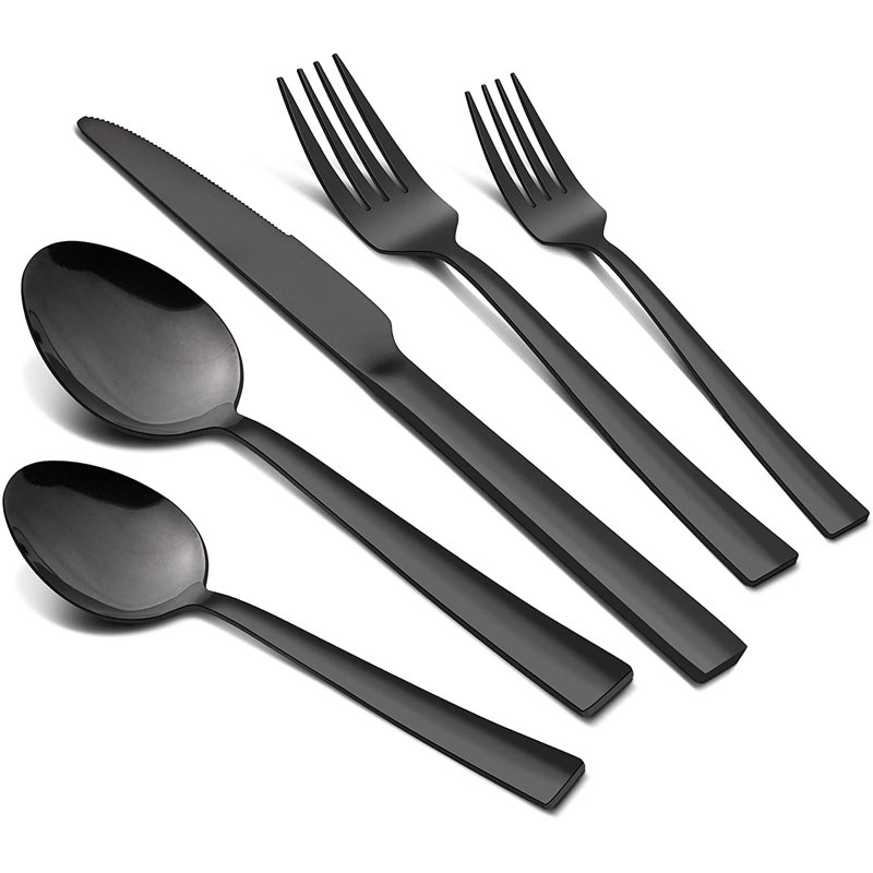 Ensemble de couverts en acier inoxydable noir, ensemble de couverts carrés de 20 pièces pour 4, ustensiles de cuisine de restaurant, vaisselle, finition miroir, va au lave-vaisselle