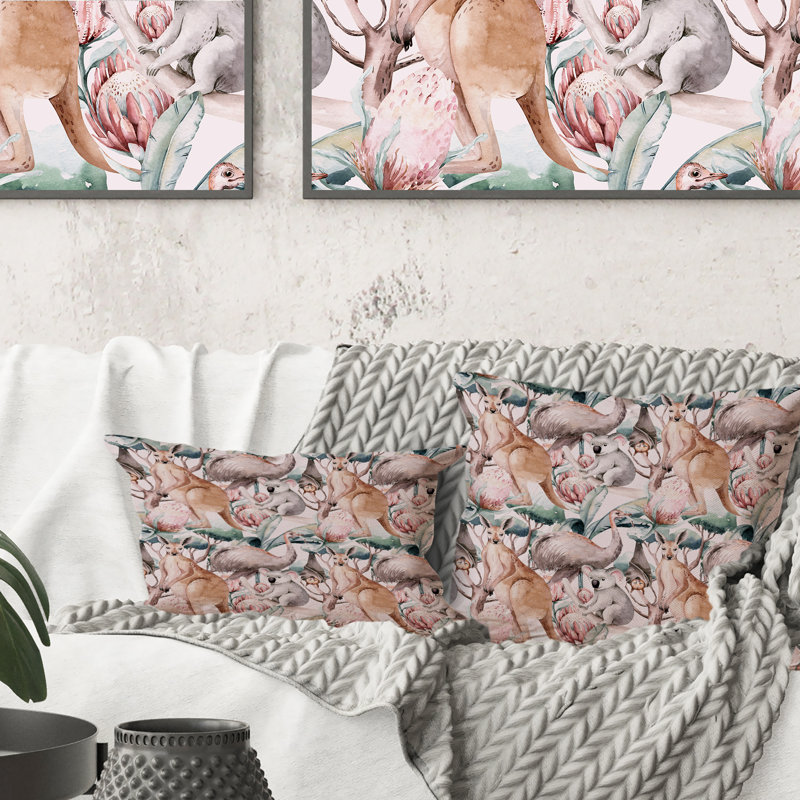 Kangourous et koalas - Coussin décoratif à imprimé traditionnel, 16 po x 16 po