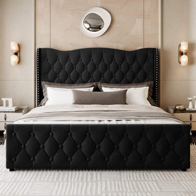 Velvet Wingback Platform Bed with Diamond-Tufted Headboard, Side Pockets & No Box Spring Needed