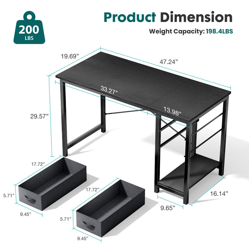 Bureau d'écriture avec 2 tiroirs Norrington, Noir, H 29,3 po x l 47 po x P 23,6 po