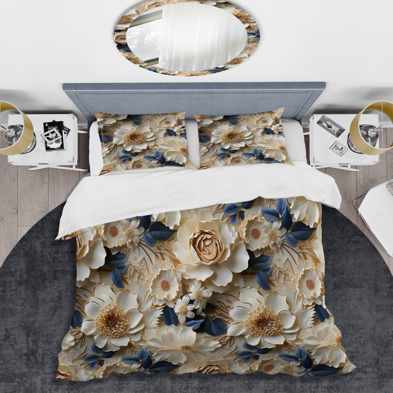 Crème délicate dentelle fleur botanique - ensemble de housse de couette floral - microfibre de polyester