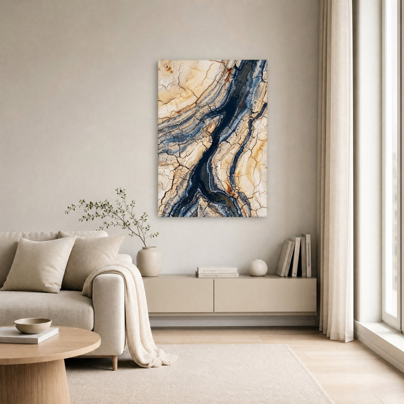 Tableau sur toile à motif craquelé organique beige et bleu foncé, H 24 po x l 16 po