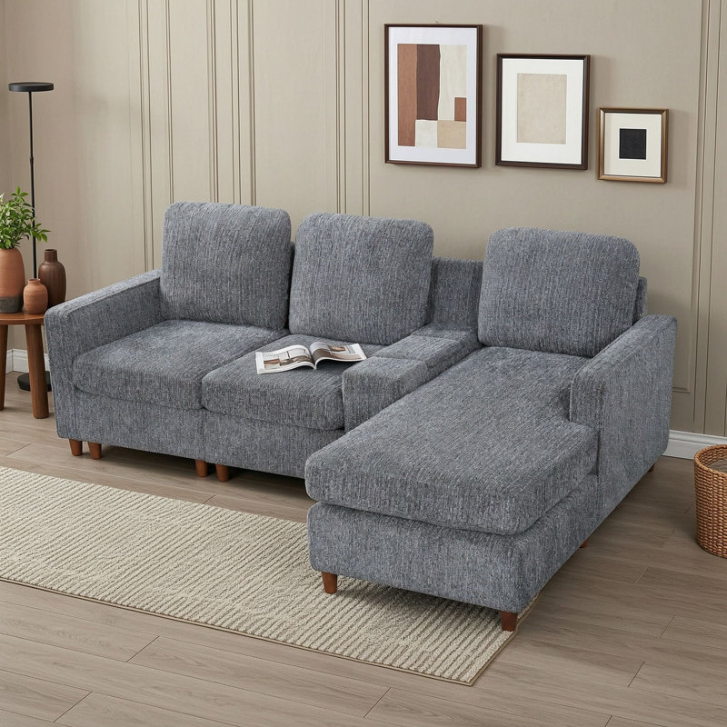 Canapé d'angle réversible 3 places en forme de L avec console de rangement, méridienne et accoudoirs carrés pour salon, Grey