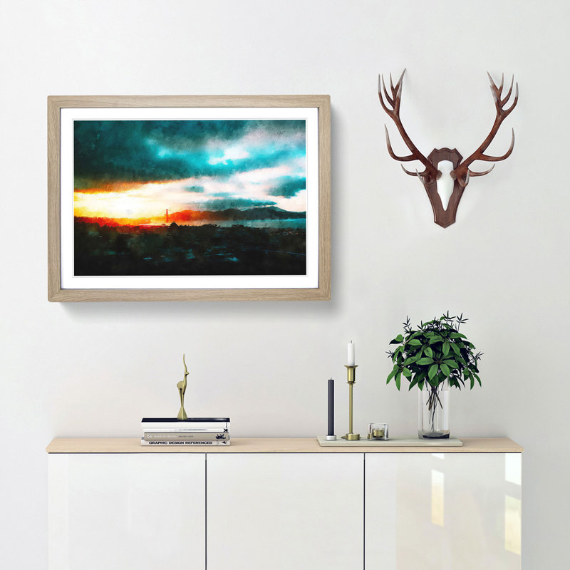 San Francisco Skyline - Single Picture Frame Painting on MDF, Oak Framed, 62cm H x 87cm W x 2cm D