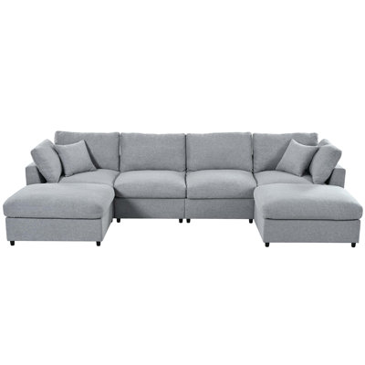 130" Large U-Shaped Sectional Sofa With 2 Movable Ottomans, Chenille Fabric, Modular Design For Living Room, Home Theater, Spacious Space