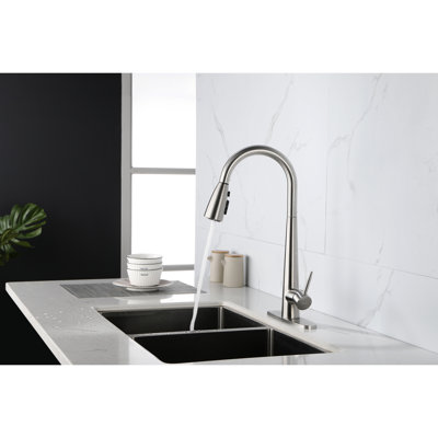 Pull Down Single Handle Stainless Steel Kitchen Sink Faucet, Brushed Nickel Design, 360 Rotatable High Nozzle, Three Water Output Modes For Different Uses, Lever Control, Dirt Surface Treatment