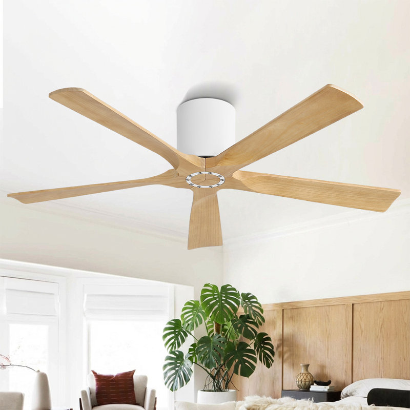 52 In. Indoor Flush Mount Ceiling Fan Without Light, 5 Solid Wood Blades,white And Natural Wood Grain, White
