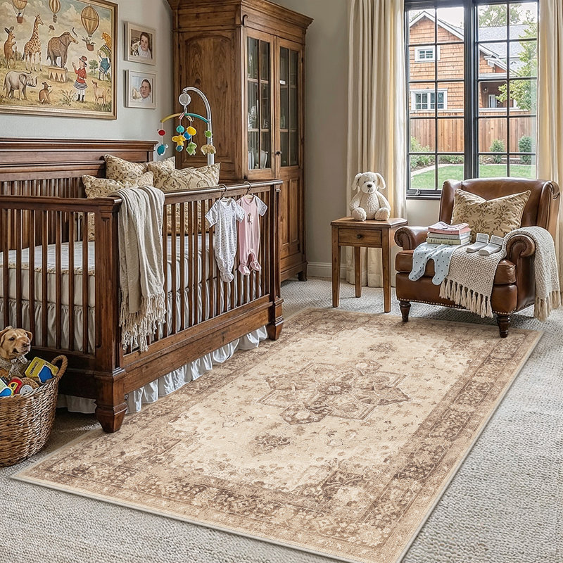 Tapis lavable rétro patiné avec envers antidérapant, Rectangulaire 3 pi x 5 pi, Brun