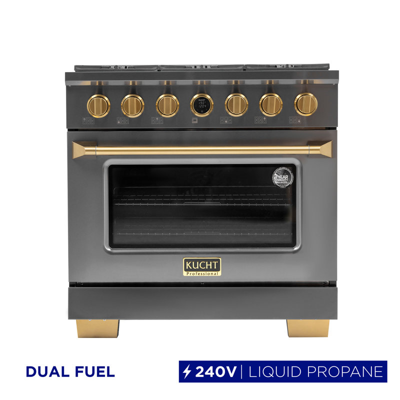 36 in. 5.2 cu. ft. 6 Burners Dual Fuel Range with Kucht Horus Thermostat, Stainless Steel/Gold, Liquid Propane