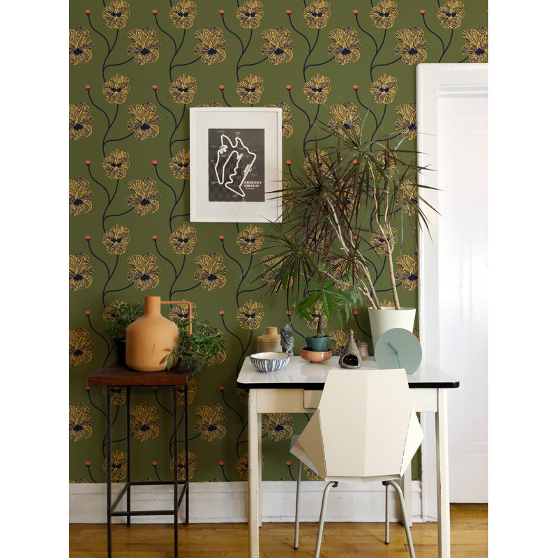 Papier peint Flourish, Non encollé, Olive canari, Paper