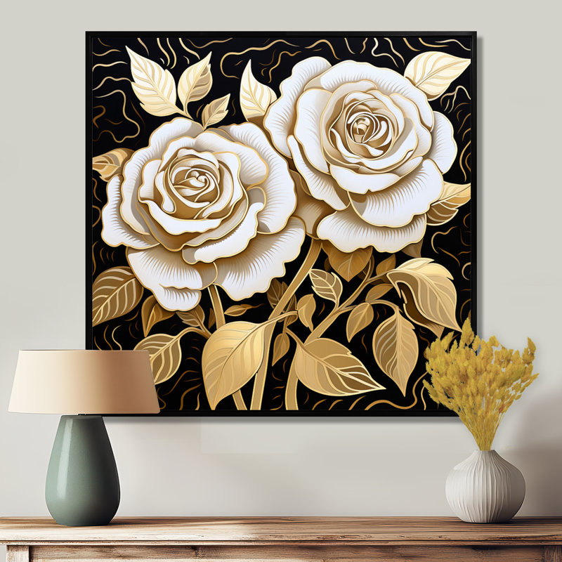 «White Rose Golden Glam Leaves - Roses», art mural, Toile avec cadre flottant noir, H 16 po x l 16 po x P 1 po