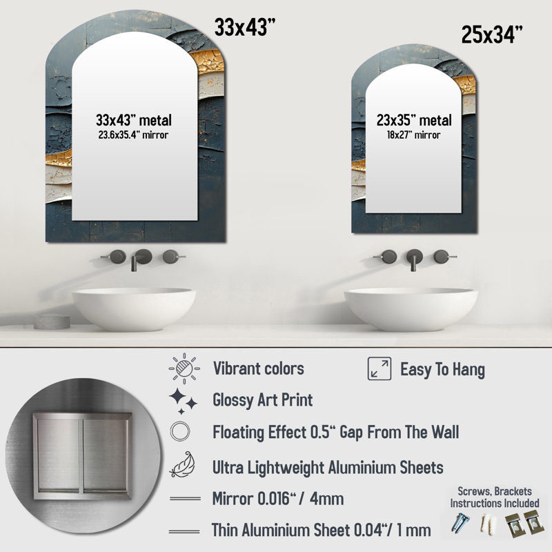 Gold Black Fleeting Shadows - Modern Arch Mirror, Gold Asymmetrical Decorative Wall Mirror, Printed Metal Art, 34" x 25"