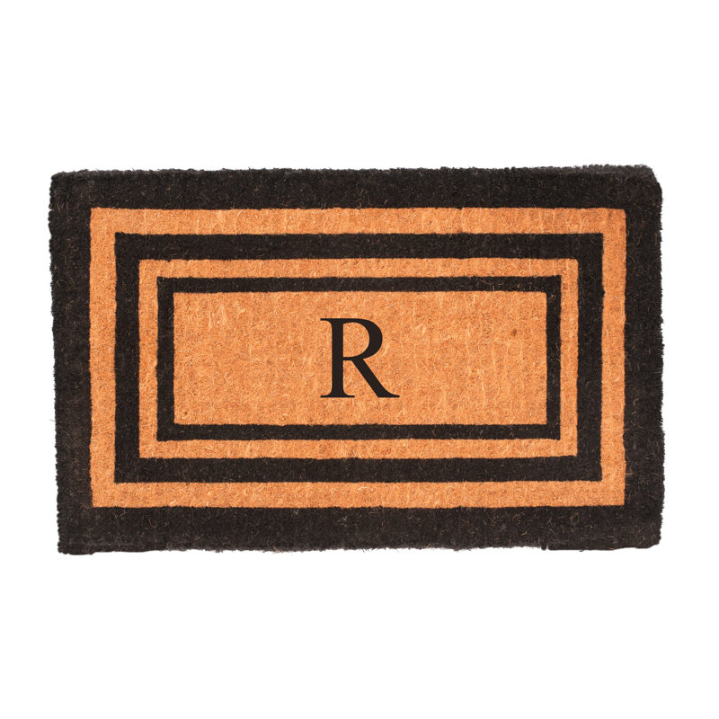 Tapis de porte d’extérieur en fibre de monogramme fait main Stansfield, R, Rectangle 2 pi 6 po x 4 pi