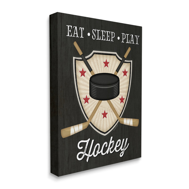 «Eat Sleep Play Hockey Expression Crossed Sticks Puck» par Jennifer Pugh - impression, H 40 po x l 30 po, Toile tendue
