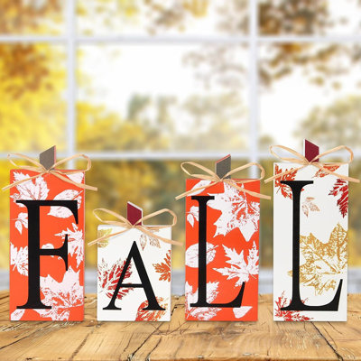 Décorations d'automne pour la maison - Ensemble de 4 blocs de lettres en forme de citrouille d'automne décoré de centres de table d'automne