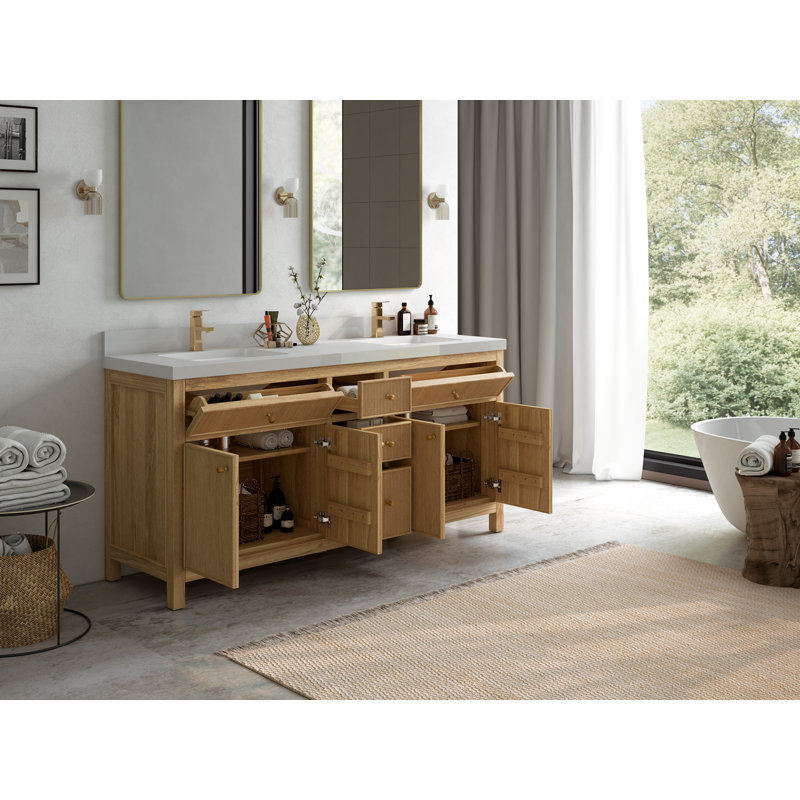 Sonoma Teak 72'' Double Bathroom Vanity with Solid Surface Top, Calacatta Laza