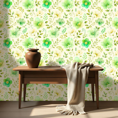Papier peint auto-adhésif à motif floral jaune-vert floral auto-adhésif et amovible 17,7 po x 118 po (45 x 300 cm)