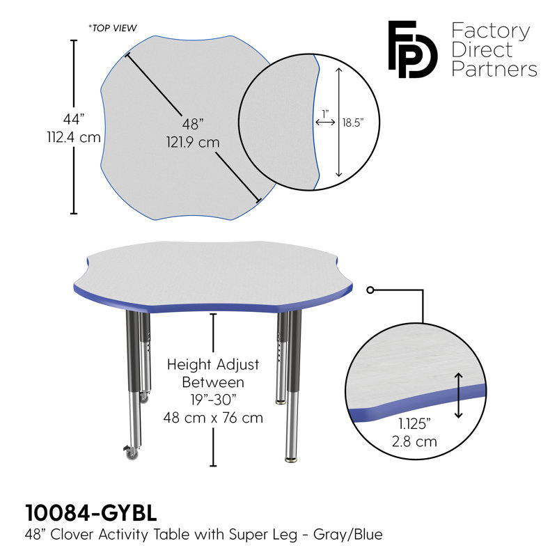 Table d'activité en T 48 po x 48 po avec moulures en T et pieds réglables, Gris/Bleu/Noir, Super