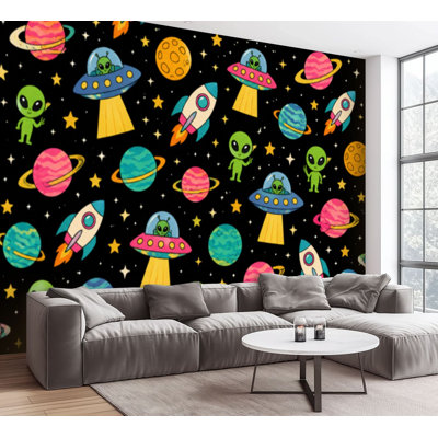 Wall Mural Peel and Stick Wallpaper Cartoon colorful set seamless aliens spaceship planet stars dark Self-Adhesive Removable Contact Paper Wall Decor for Living Room Bedroom 100"H x 144"W