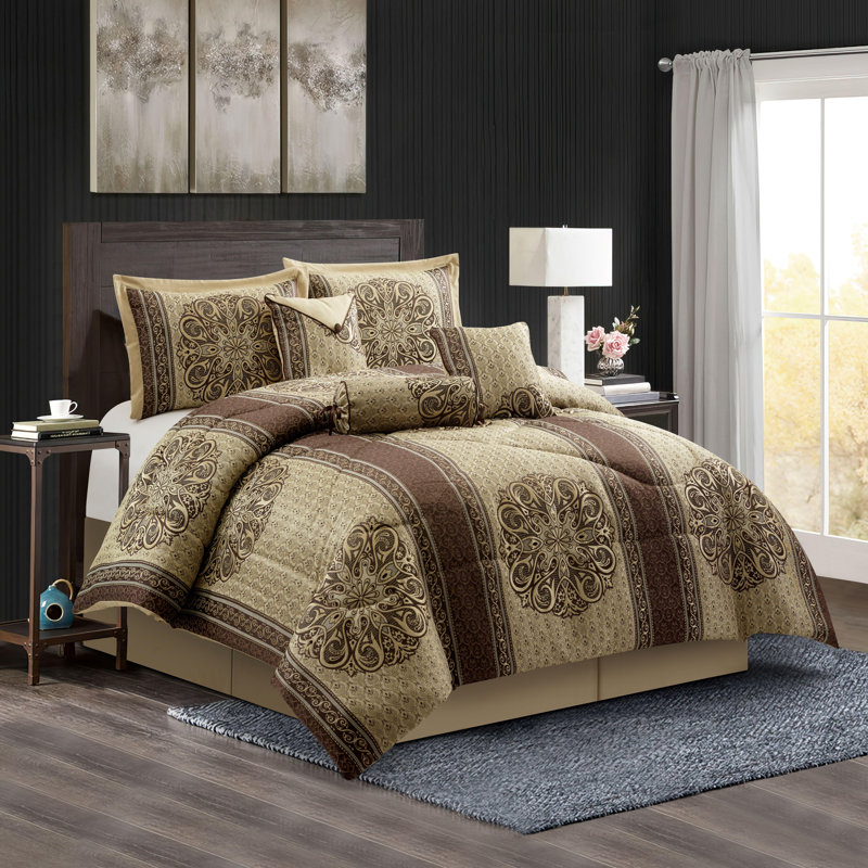 Myhand Microfiber 7 Piece Comforter Set, Queen Comforter + 6 Additional Pieces, Brown/Gold