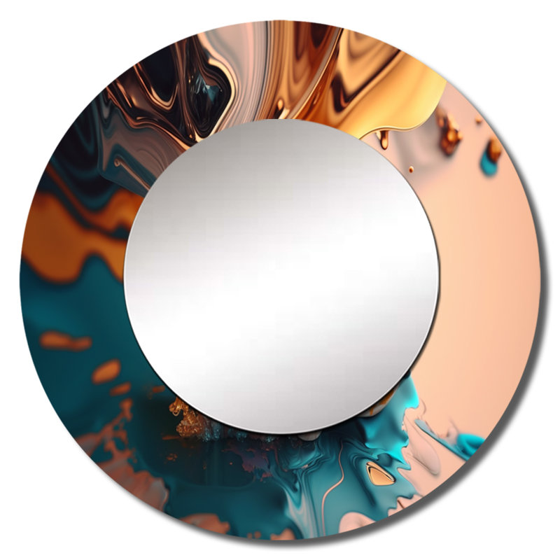 Pachia jaune et vert fluide abstractions III - miroir à encre liquide, miroir mural rond unique moderne, art imprimé en métal