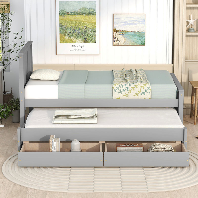 Platform Bed With Trundle And Drawers, Gray
