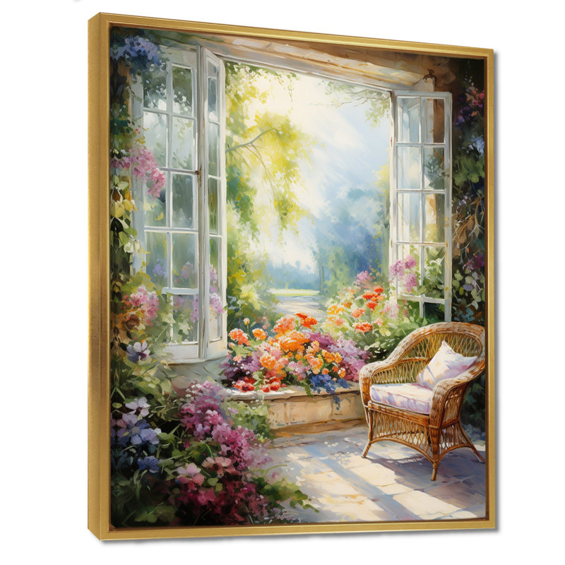 Orange et vert, fenêtre française vue III - fenêtre, art mural sur toile, Cadre flottant doré, H 32 po x l 16 po x P 1 po
