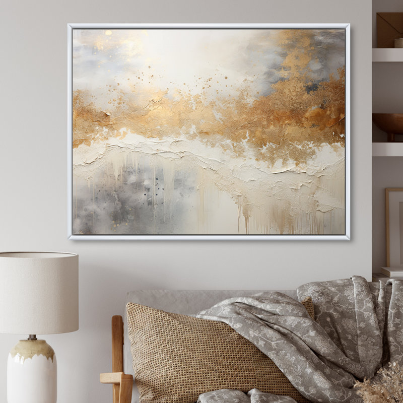 Minimal Gold And Beige Abstract River, 24" H x 32" W x 1" D, White Floater Framed