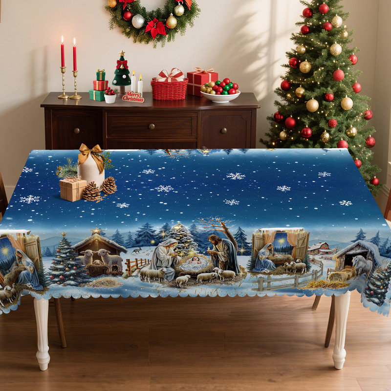Machine-washable Dreamy Blue Christmas Snowman Design Polyester Tablecloth, 70.8" L x 55.12" W